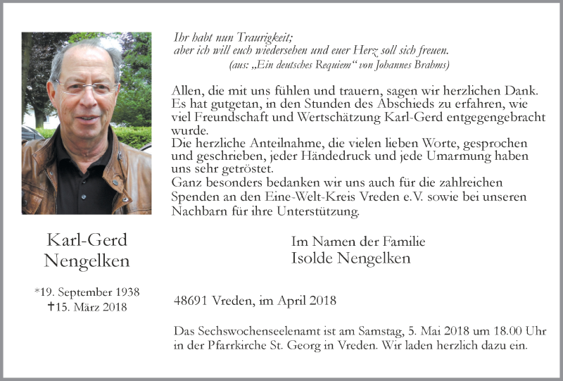  Traueranzeige für Karl-Gerd Nengelken vom 03.05.2018 aus Münstersche Zeitung und Münsterland Zeitung