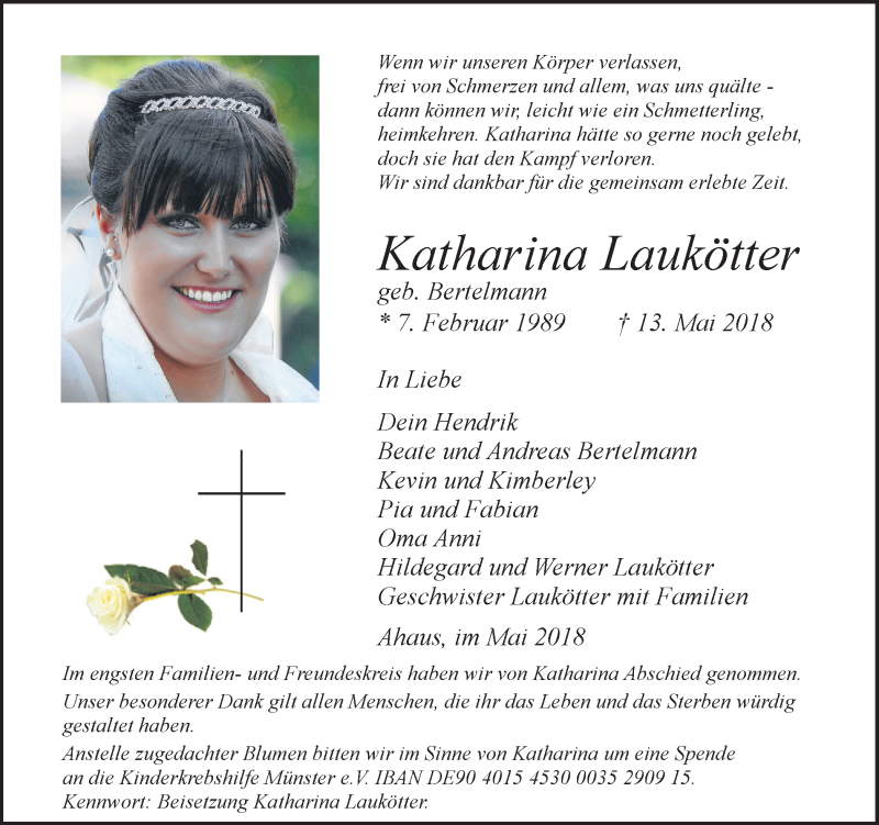  Traueranzeige für Katharina Laukötter vom 19.05.2018 aus Münstersche Zeitung und Münsterland Zeitung