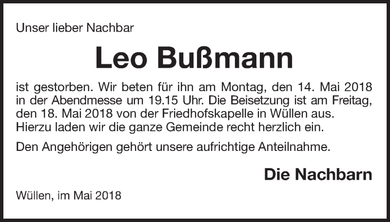  Traueranzeige für Leopold Bußmann vom 14.05.2018 aus Münstersche Zeitung und Münsterland Zeitung
