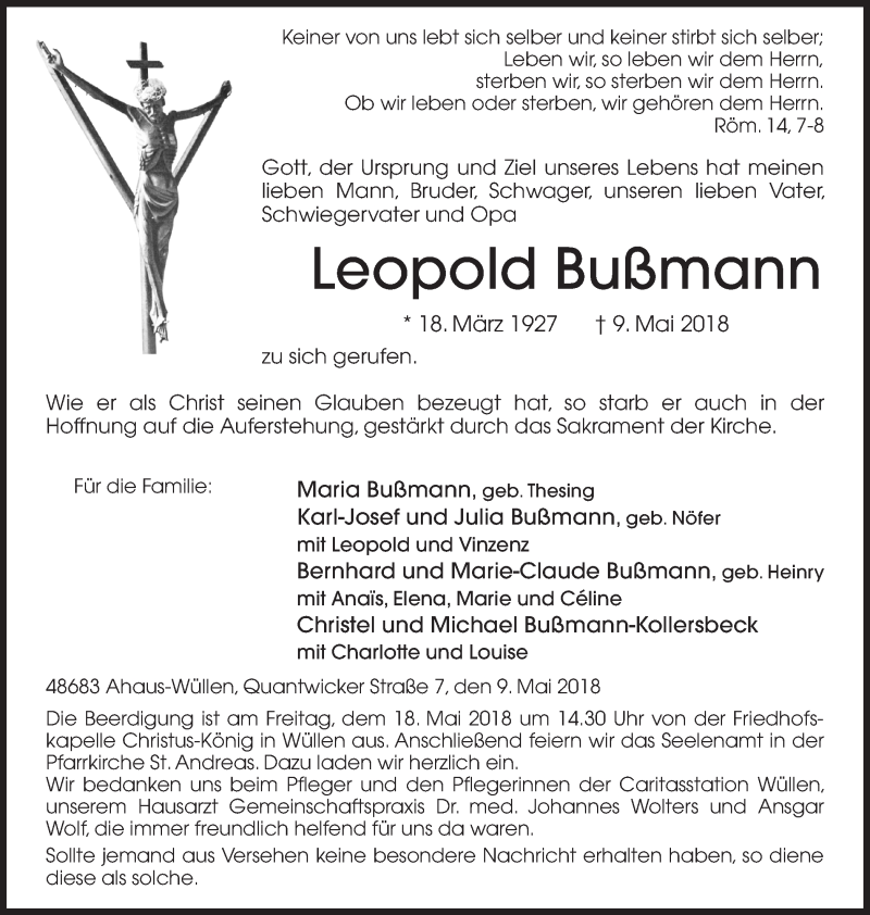  Traueranzeige für Leopold Bußmann vom 14.05.2018 aus 