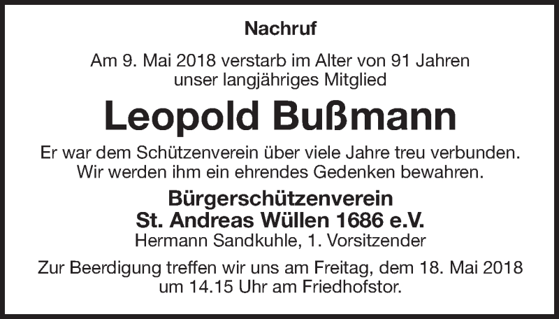  Traueranzeige für Leopold Bußmann vom 15.05.2018 aus Münstersche Zeitung und Münsterland Zeitung