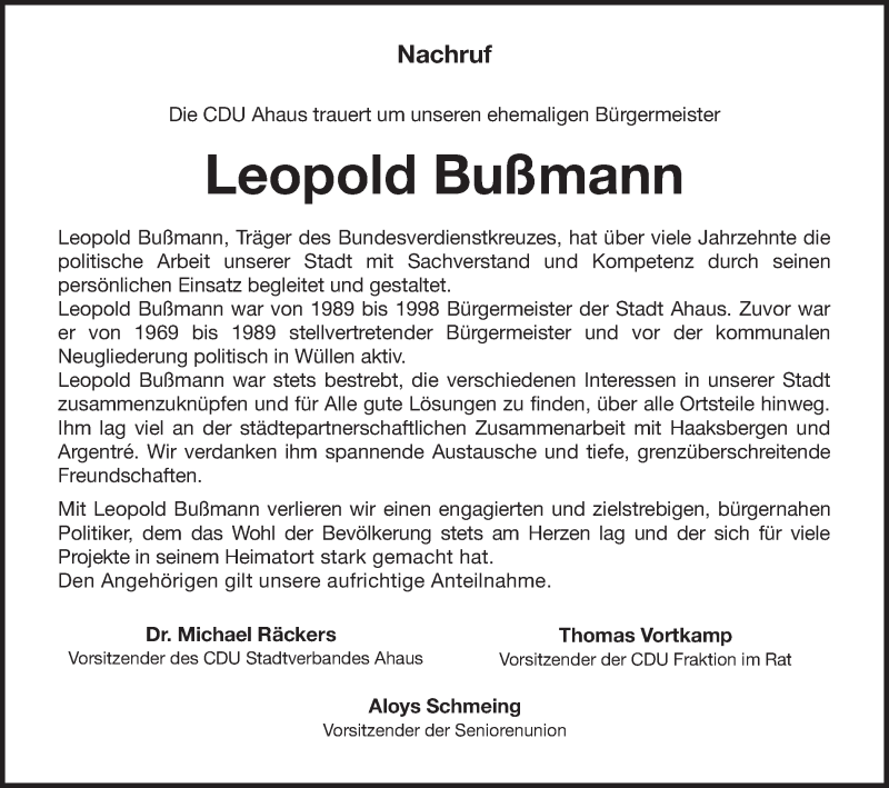  Traueranzeige für Leopold Bußmann vom 15.05.2018 aus Münstersche Zeitung und Münsterland Zeitung