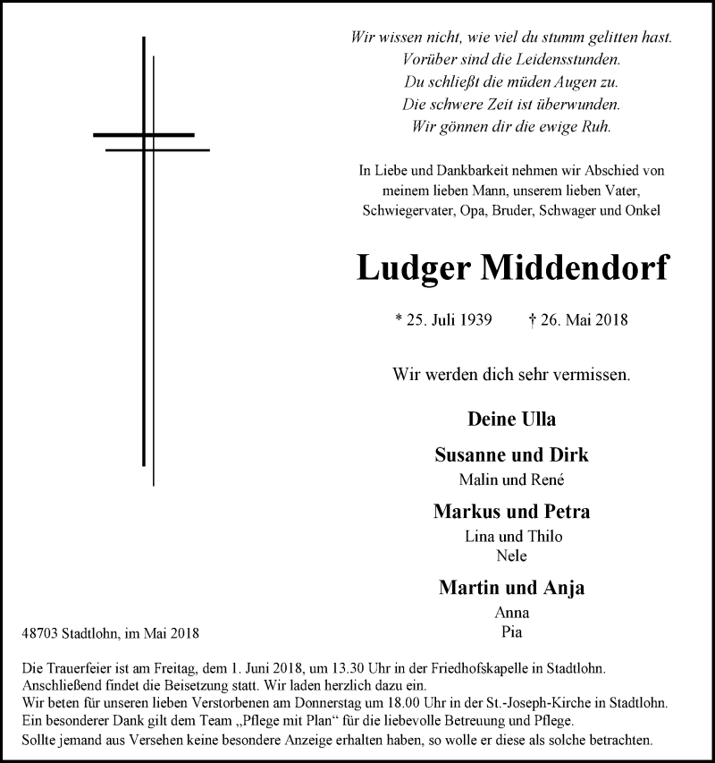  Traueranzeige für Ludger Middendorf vom 29.05.2018 aus Münstersche Zeitung und Münsterland Zeitung