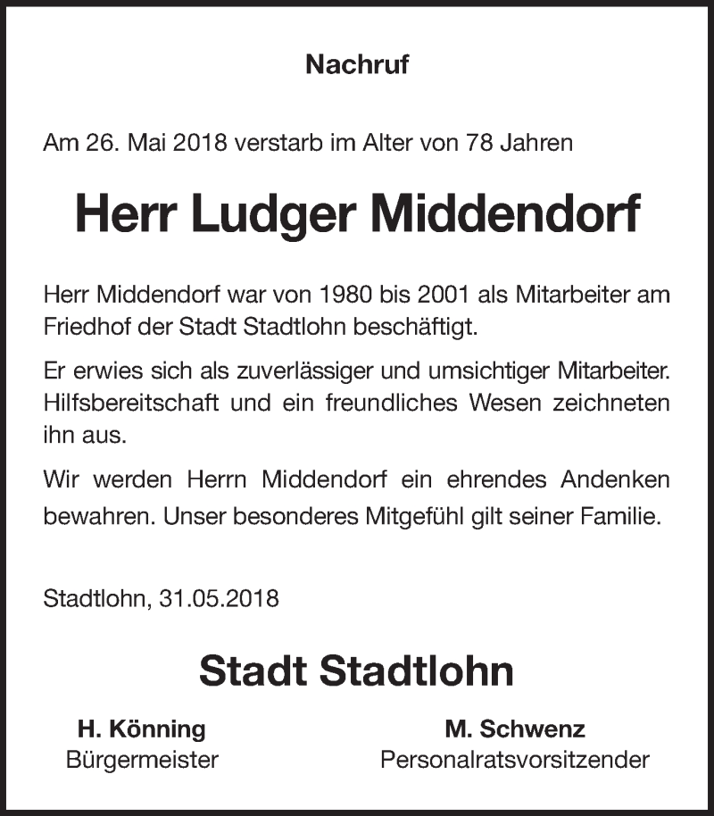  Traueranzeige für Ludger Middendorf vom 31.05.2018 aus Münstersche Zeitung und Münsterland Zeitung
