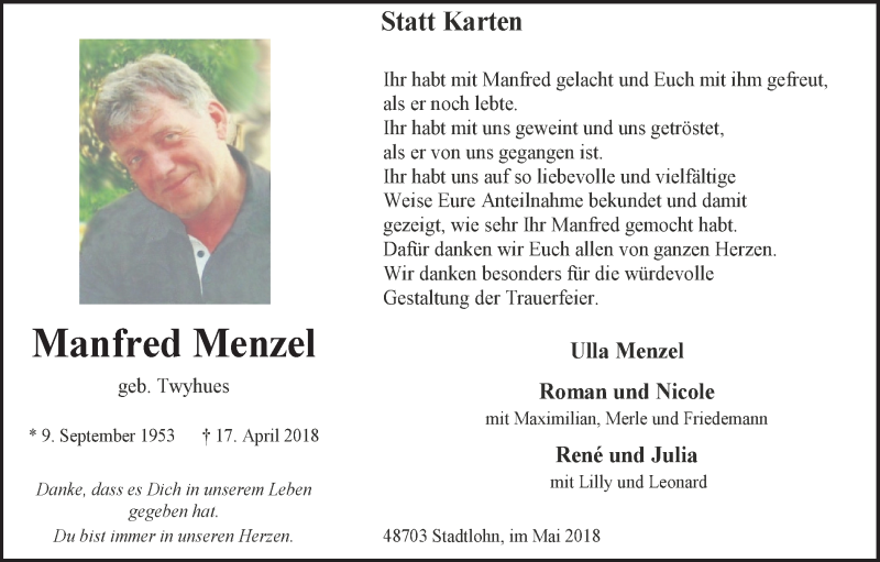  Traueranzeige für Manfred Menzel vom 26.05.2018 aus Münstersche Zeitung und Münsterland Zeitung