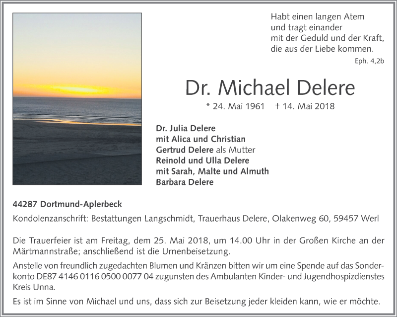  Traueranzeige für Michael Delere vom 22.05.2018 aus Ruhr Nachrichten