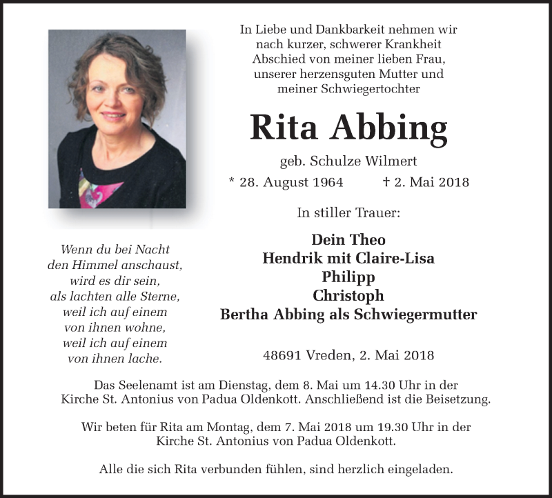  Traueranzeige für Rita Abbing vom 05.05.2018 aus Münstersche Zeitung und Münsterland Zeitung