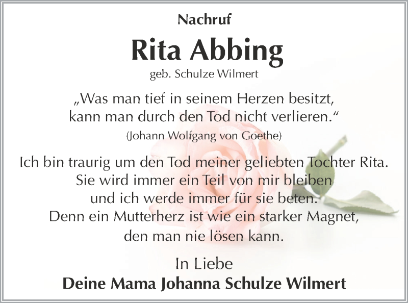  Traueranzeige für Rita Abbing vom 08.05.2018 aus Münstersche Zeitung und Münsterland Zeitung