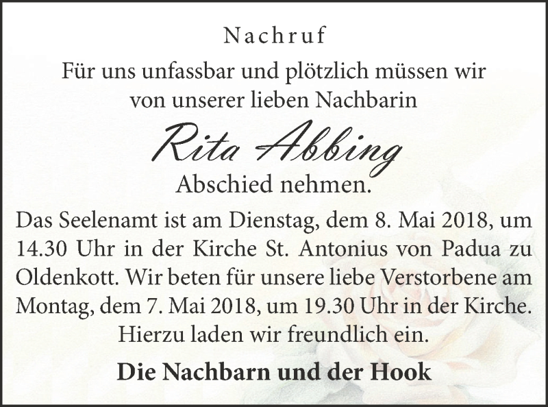 Traueranzeige für Rita Abbing vom 07.05.2018 aus Münstersche Zeitung und Münsterland Zeitung