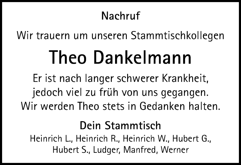  Traueranzeige für Theo Dankelmann vom 01.05.2018 aus Münstersche Zeitung und Münsterland Zeitung