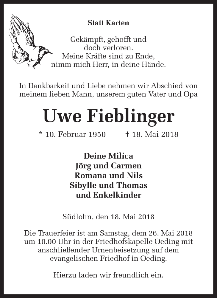  Traueranzeige für Uwe Fieblinger vom 23.05.2018 aus Münstersche Zeitung und Münsterland Zeitung