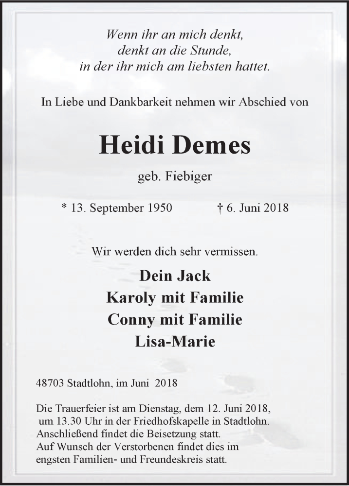  Traueranzeige für Heidi Demes vom 09.06.2018 aus Münstersche Zeitung und Münsterland Zeitung