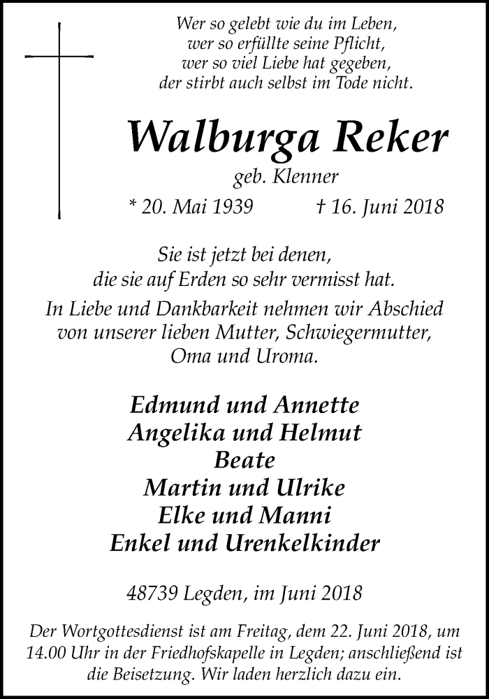  Traueranzeige für Walburga Reker vom 20.06.2018 aus Münstersche Zeitung und Münsterland Zeitung