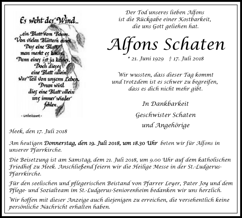  Traueranzeige für Alfons Schaten vom 19.07.2018 aus Münstersche Zeitung und Münsterland Zeitung