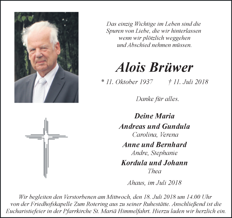 Traueranzeige für Alois Brüwer vom 14.07.2018 aus Münstersche Zeitung und Münsterland Zeitung