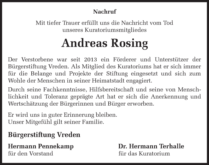  Traueranzeige für Andreas Rosing vom 13.07.2018 aus Münstersche Zeitung und Münsterland Zeitung