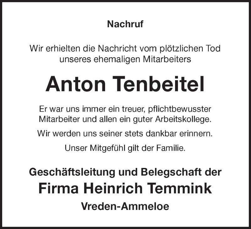  Traueranzeige für Anton Tenbeitel vom 20.07.2018 aus Münstersche Zeitung und Münsterland Zeitung
