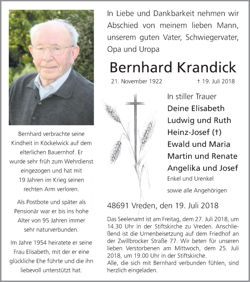  Traueranzeige für Bernhard Krandick vom 23.07.2018 aus Münstersche Zeitung und Münsterland Zeitung