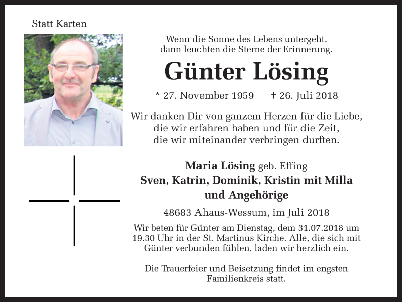  Traueranzeige für Günter Lösing vom 28.07.2018 aus Münstersche Zeitung und Münsterland Zeitung