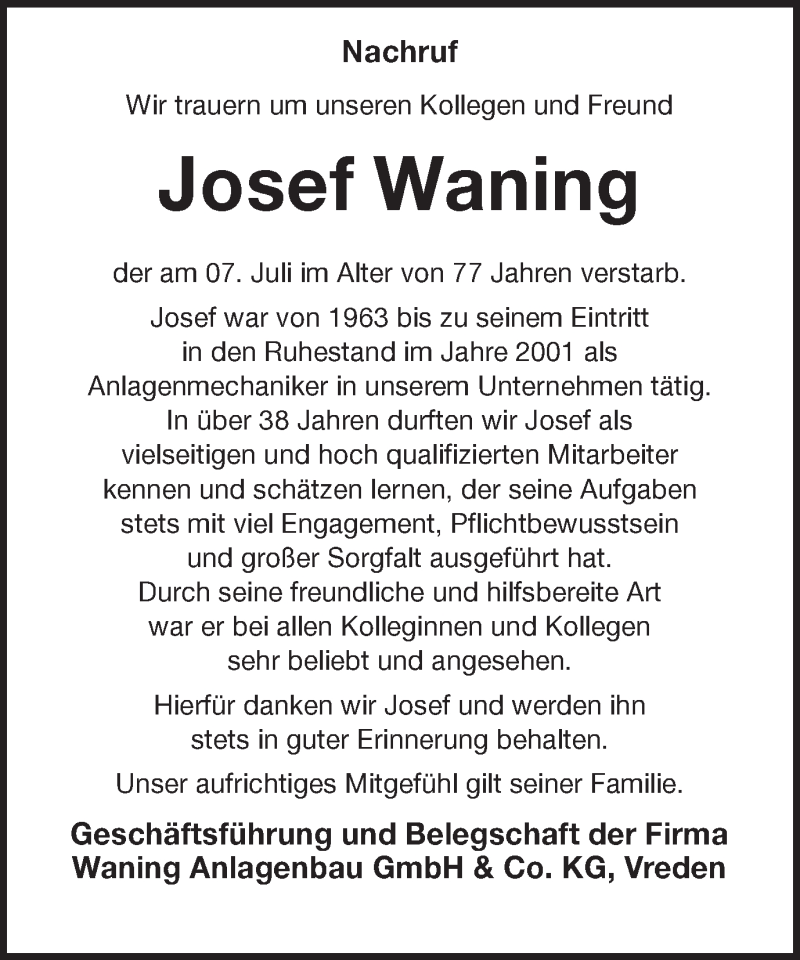  Traueranzeige für Josef Waning vom 11.07.2018 aus Münstersche Zeitung und Münsterland Zeitung