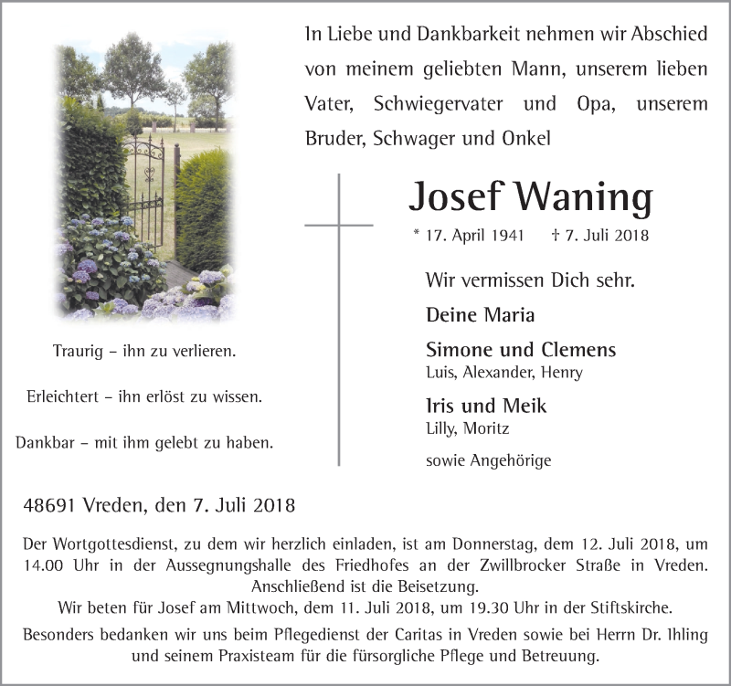  Traueranzeige für Josef Waning vom 10.07.2018 aus Münstersche Zeitung und Münsterland Zeitung