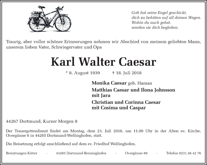  Traueranzeige für Karl Walter Caesar vom 20.07.2018 aus Ruhr Nachrichten