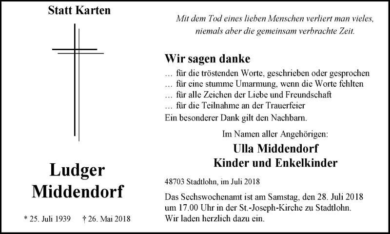  Traueranzeige für Ludger Middendorf vom 25.07.2018 aus Münstersche Zeitung und Münsterland Zeitung