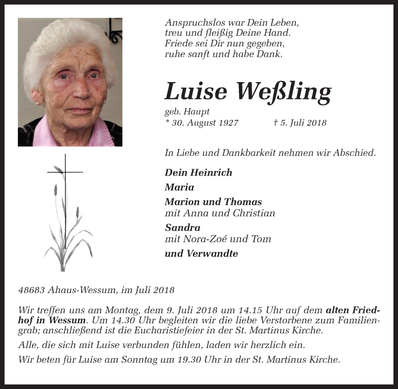  Traueranzeige für Luise Weßling vom 07.07.2018 aus Münstersche Zeitung und Münsterland Zeitung