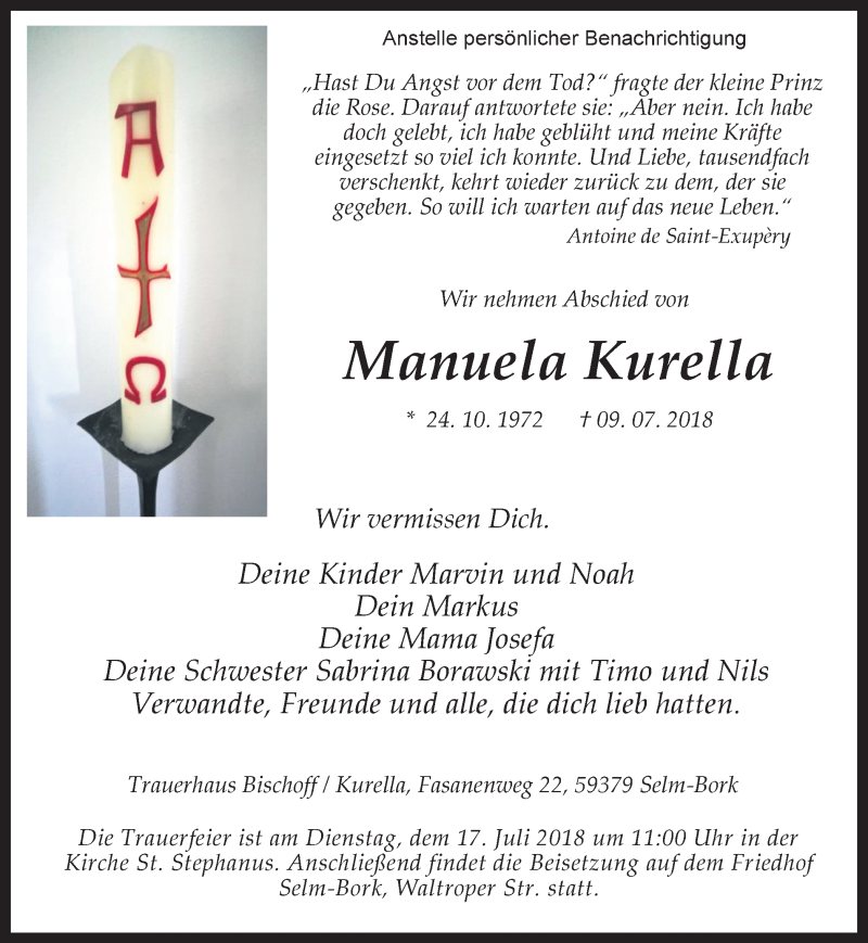  Traueranzeige für Manuela Kurella vom 13.07.2018 aus Ruhr Nachrichten