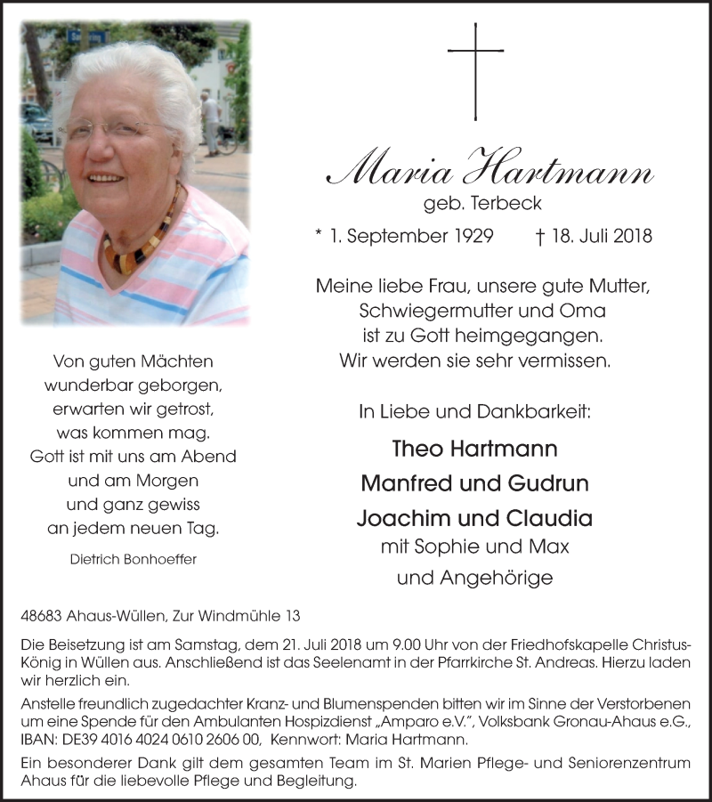  Traueranzeige für Maria Hartmann vom 20.07.2018 aus Münstersche Zeitung und Münsterland Zeitung