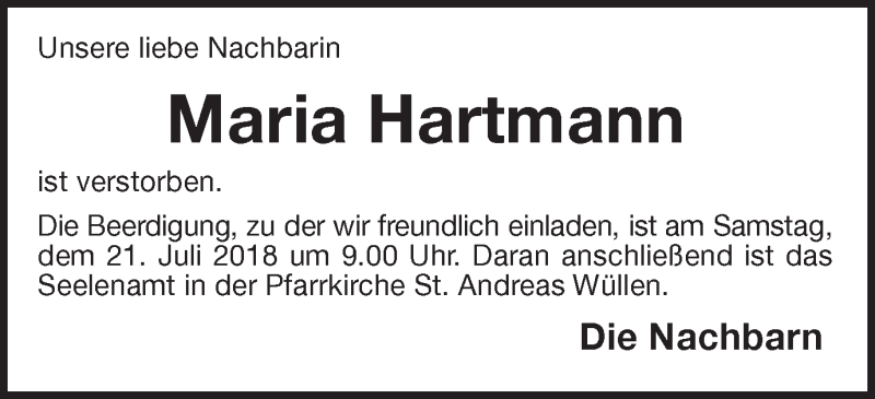  Traueranzeige für Maria Hartmann vom 20.07.2018 aus Münstersche Zeitung und Münsterland Zeitung