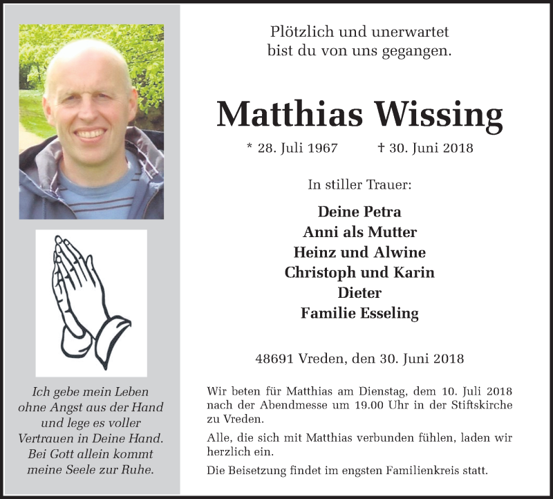  Traueranzeige für Matthias Wissing vom 07.07.2018 aus Münstersche Zeitung und Münsterland Zeitung