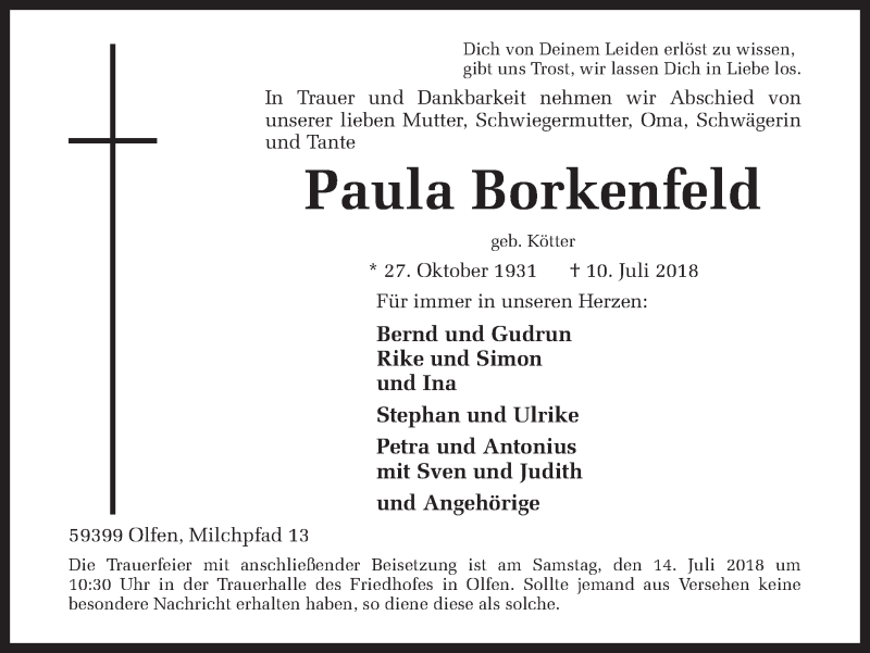  Traueranzeige für Paula Borkenfeld vom 13.07.2018 aus Ruhr Nachrichten