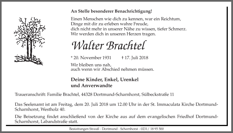  Traueranzeige für Walter Brachtel vom 18.07.2018 aus Ruhr Nachrichten