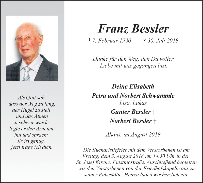  Traueranzeige für Franz Bessler vom 01.08.2018 aus Münstersche Zeitung und Münsterland Zeitung