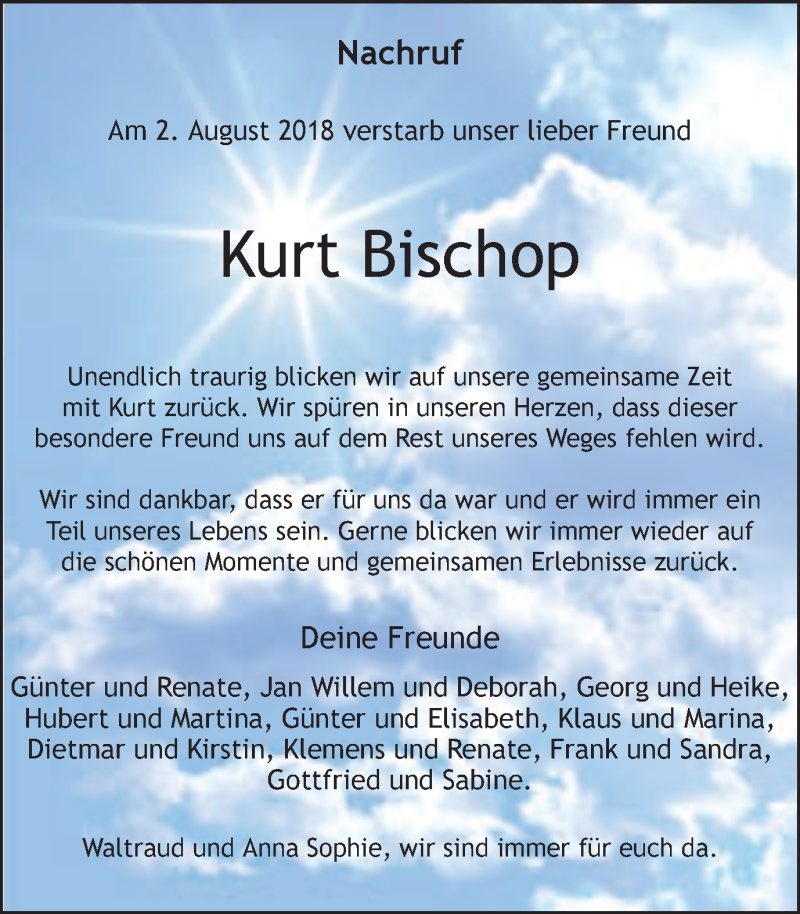  Traueranzeige für Kurt Bischop vom 14.08.2018 aus Münstersche Zeitung und Münsterland Zeitung