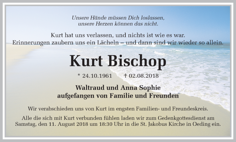  Traueranzeige für Kurt Bischop vom 09.08.2018 aus Münstersche Zeitung und Münsterland Zeitung