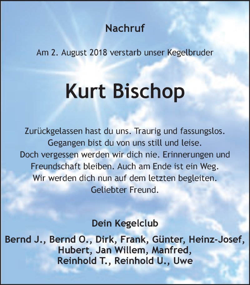  Traueranzeige für Kurt Bischop vom 11.08.2018 aus Münstersche Zeitung und Münsterland Zeitung