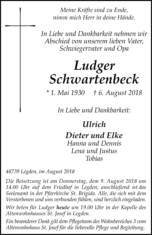  Traueranzeige für Ludger Schwartenbeck vom 08.08.2018 aus Münstersche Zeitung und Münsterland Zeitung