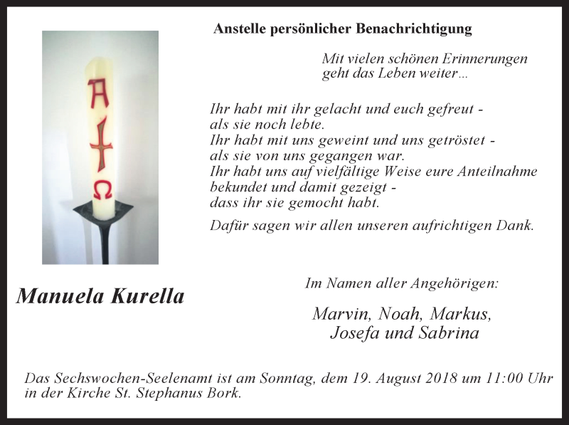  Traueranzeige für Manuela Kurella vom 11.08.2018 aus Ruhr Nachrichten