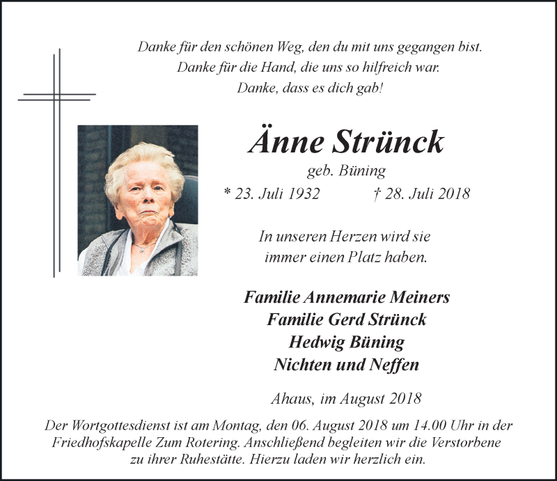  Traueranzeige für Änne Strünck vom 01.08.2018 aus Münstersche Zeitung und Münsterland Zeitung