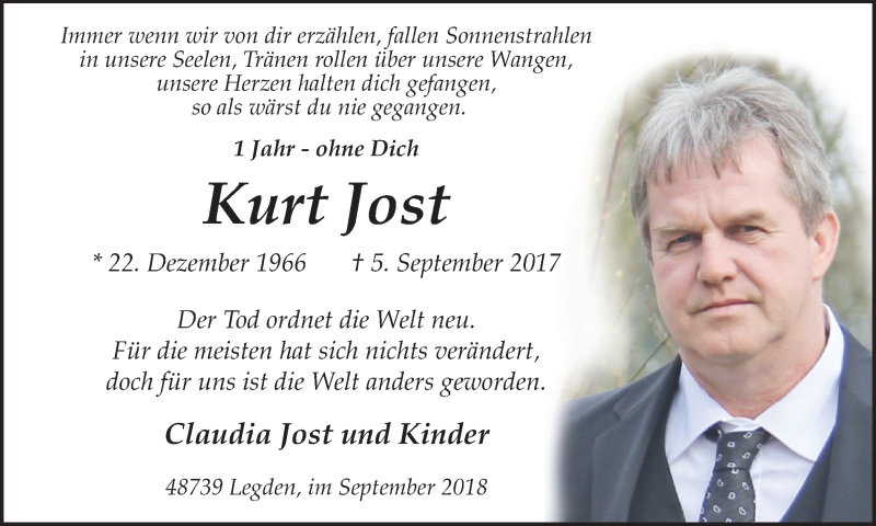  Traueranzeige für Kurt Jost vom 05.09.2018 aus Münstersche Zeitung und Münsterland Zeitung