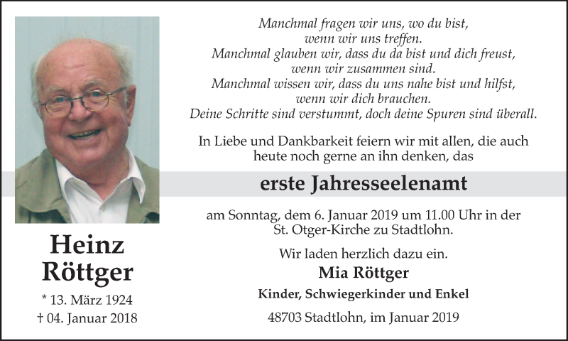  Traueranzeige für Heinz Röttger vom 02.01.2019 aus Münstersche Zeitung und Münsterland Zeitung