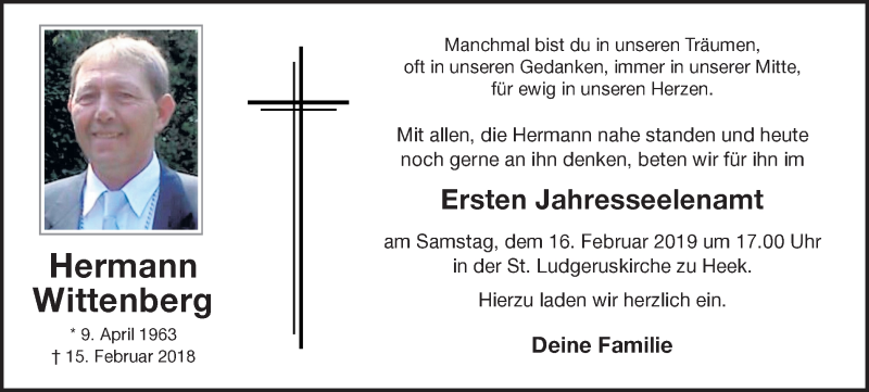  Traueranzeige für Hermann Wittenberg vom 13.02.2019 aus Münstersche Zeitung und Münsterland Zeitung