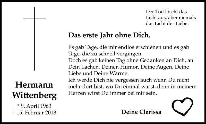  Traueranzeige für Hermann Wittenberg vom 15.02.2019 aus Münstersche Zeitung und Münsterland Zeitung