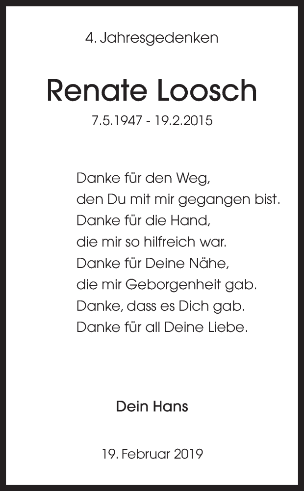  Traueranzeige für Renate Loosch vom 19.02.2019 aus Ruhr Nachrichten