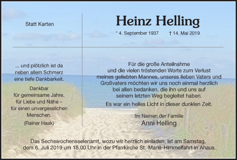  Traueranzeige für Heinz Helling vom 04.07.2019 aus Münstersche Zeitung und Münsterland Zeitung