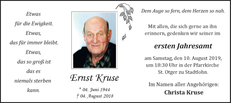  Traueranzeige für Ernst Kruse vom 07.08.2019 aus Münstersche Zeitung und Münsterland Zeitung