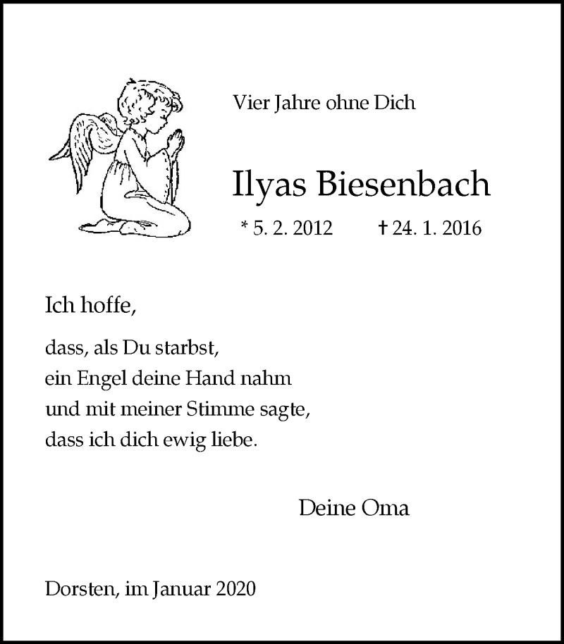  Traueranzeige für Ilyas Biesenbach vom 24.01.2020 aus Ruhr Nachrichten und Dorstener Zeitung