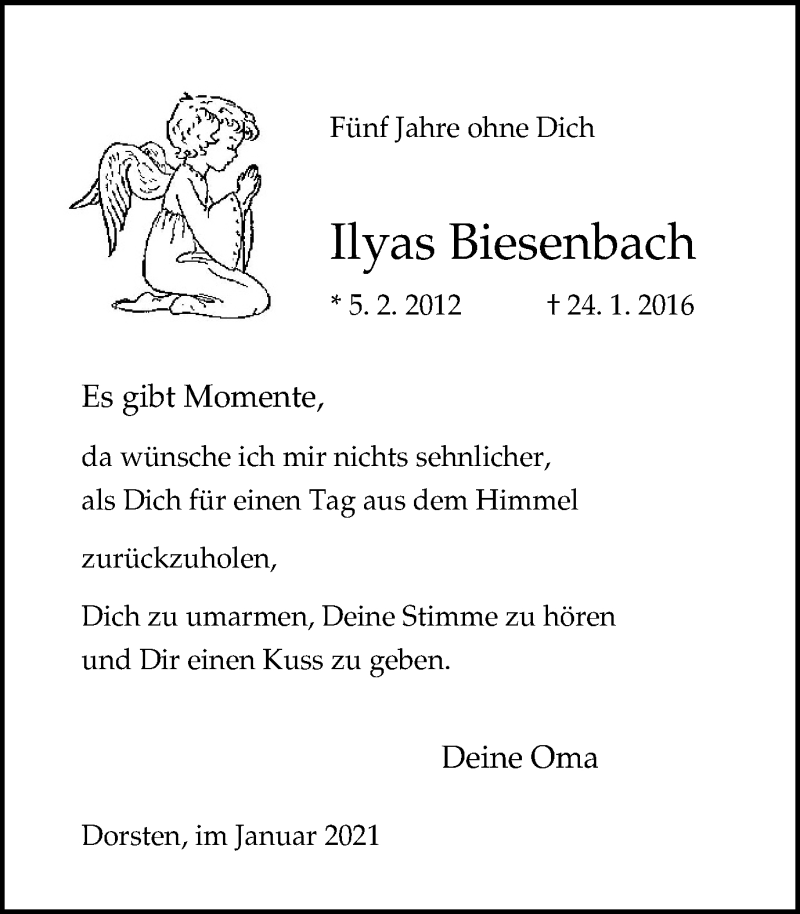  Traueranzeige für Ilyas Biesenbach vom 29.01.2021 aus Ruhr Nachrichten und Dorstener Zeitung
